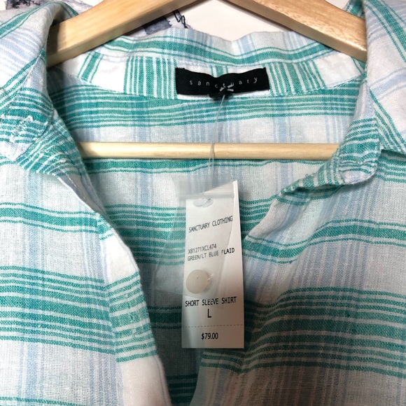 NWT 🌴SANCTUARY SHORT SLEEVE SHIRT GRN/BL PLAID - Picture 4 of 8